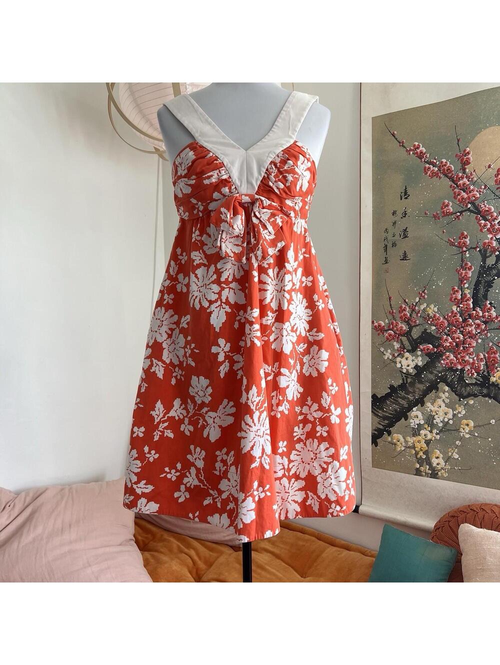 Vintage Floral Mini Dress Orange White Hibiscus Halter Tie Front W Pockets Small